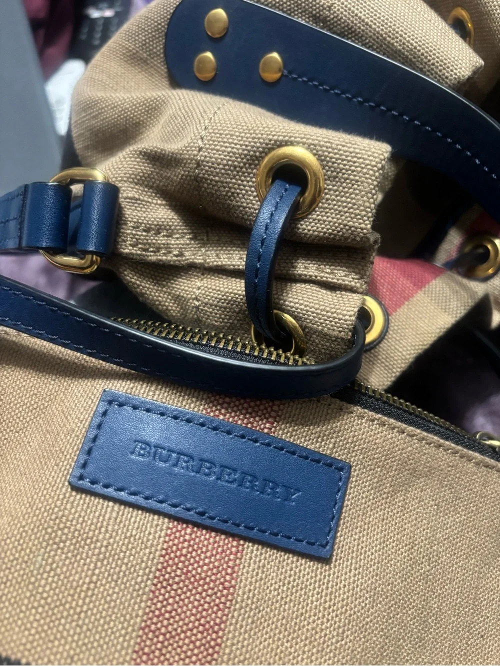 Burberry Tan, Navy & Black Check Drawstring bucket/tote Shoulder Bag